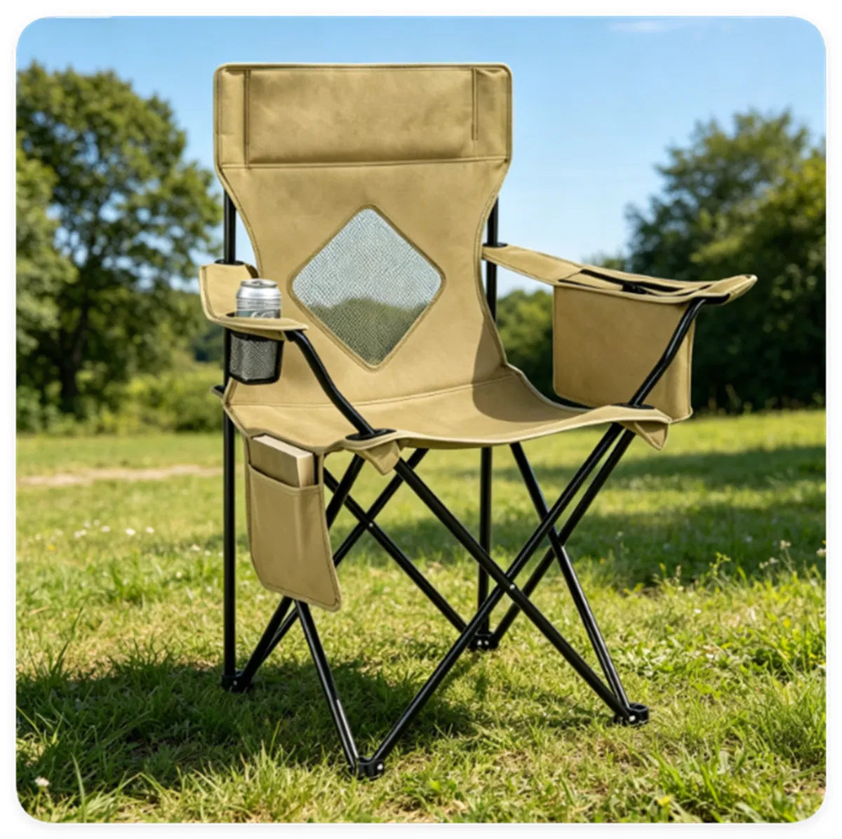 Folding Camping Chair, Heavy-Duty Metal Frame Portable Outdoor Chair with Cup Holder, Insulated Cooler Bag & Side Pocket for Camping Fishing Beach — product image 7