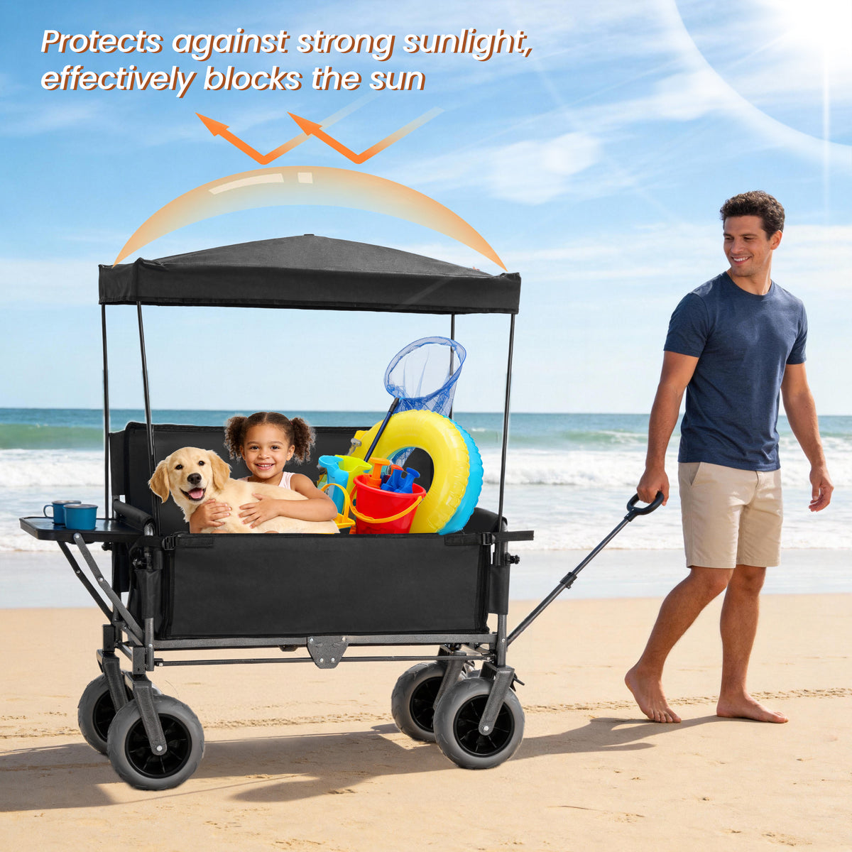 3- In- 1 Collapsible Wagon Converts To Bench Convertible Folding Wagon Cart With Canopy &Rear- Mounted Folding Tabletop 500lbs Heavy- Duty 180L Capacity For Camping Beach Garden Fishing- Black — product image 2