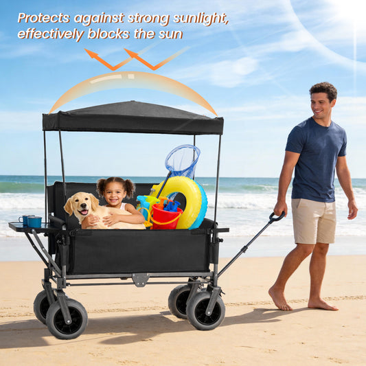 3- In- 1 Collapsible Wagon Converts To Bench Convertible Folding Wagon Cart With Canopy &Rear- Mounted Folding Tabletop 500lbs Heavy- Duty 180L Capacity For Camping Beach Garden Fishing- Black — product image 2
