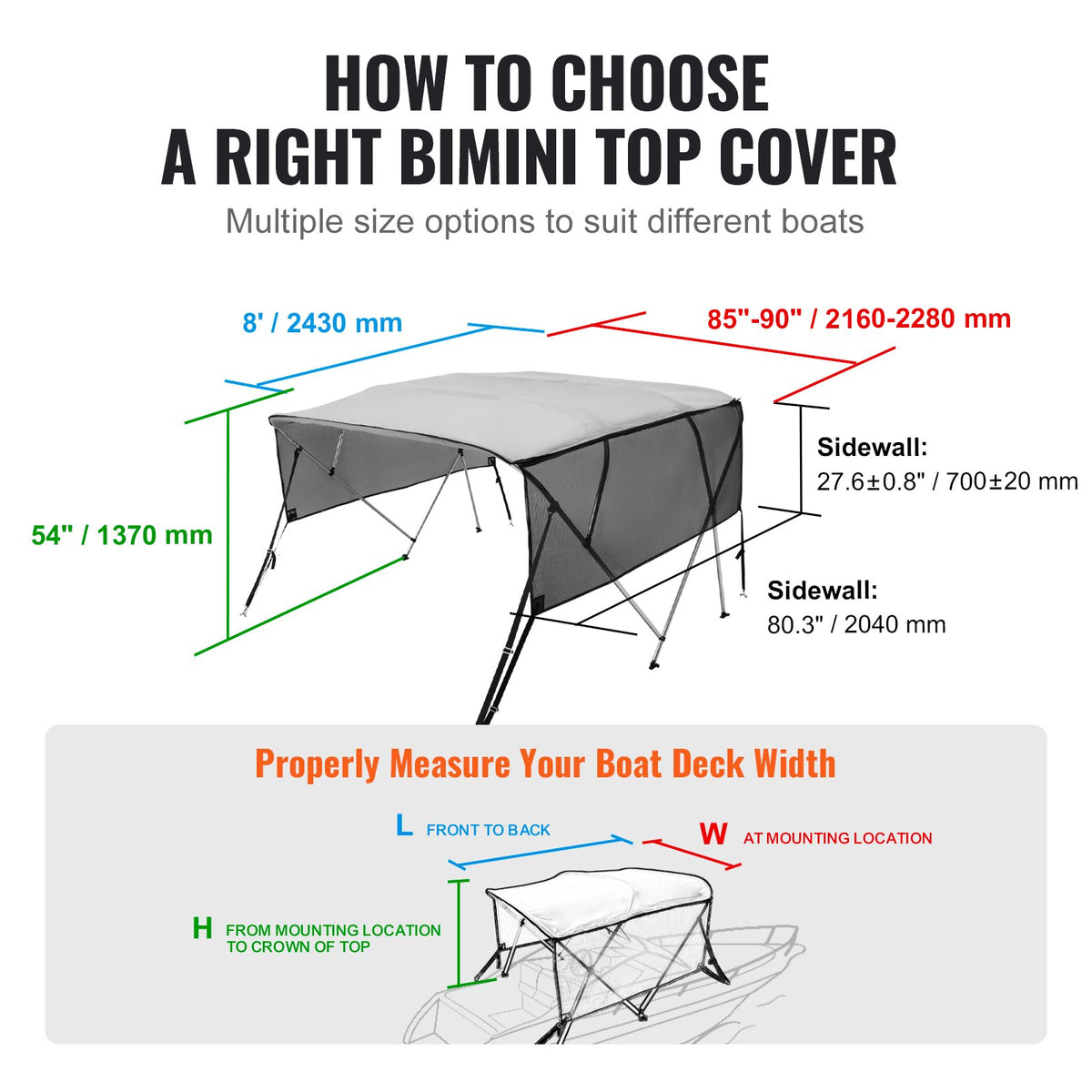 VEVOR 4 Bow Bimini Top Boat Cover, Detachable Mesh Sidewalls, 600D Polyester Canopy With Aluminum Alloy Frame, Includes Storage Boot, 2 Straps, 2 Support Poles, — product image 13