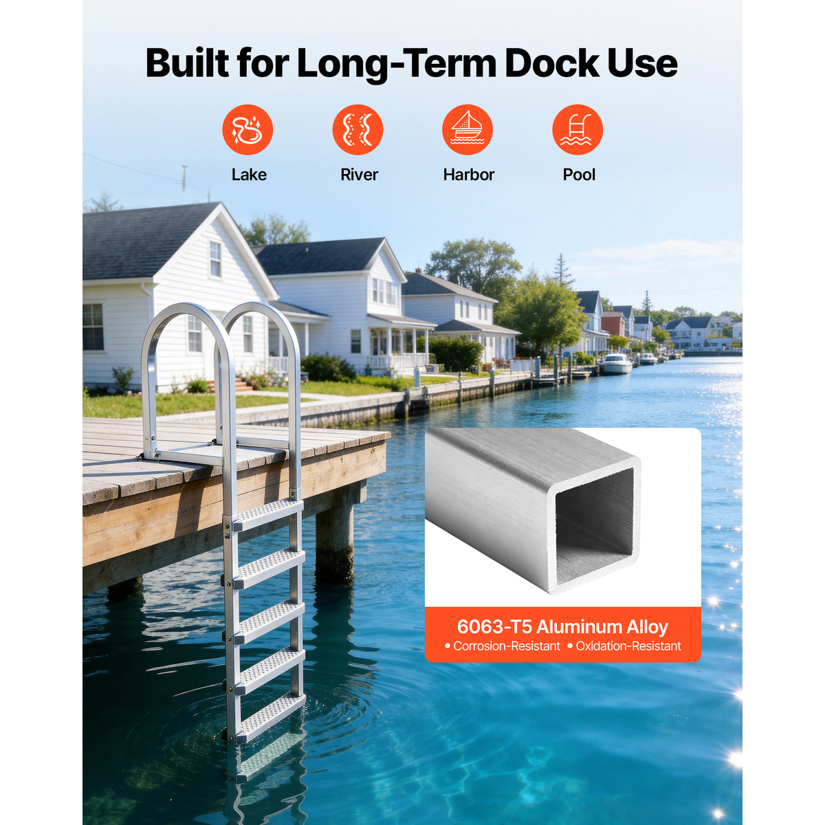 Removable Dock Ladder, 5 Steps, Aluminum Alloy Pontoon Boat Swim Ladder, With Non-Slip Wide PP Steps, 500 Lbs Weight Capacity, Quick Release Design, For Lake Swimming, Pool, Marine Boarding — product image 5