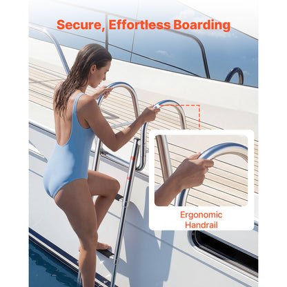 Boat Ladder, 3 Steps, Stainless Steel Telescoping Folding Swim Deck Ladder For Rear Entry Inboard, 600 Lbs Capacity With Wide Anti-Slip Steps & Handrails, For Outboards, Yacht, Pontoon Boats — product image 4