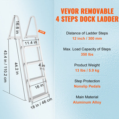 VEVOR Dock Ladder, Removable 4 Steps, 350 Lbs Load Capacity, Aluminum Alloy Pontoon Boat Ladder With Wide Step & Nonslip Rubber Mat, Easy To Install For Ship Lake Pool Marine Boarding — product image 9