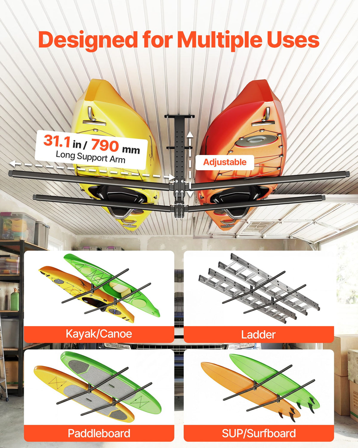 Kayak Storage Rack For 2 Kayaks, Holds Up To 250 Lbs, Heavy Duty Adjustable Ceiling Rack For Garage Ceiling Mount, Overhead Garage Storage Hanger For Canoe, Ladder, SUP, Surfboard & Paddleboard — product image 3