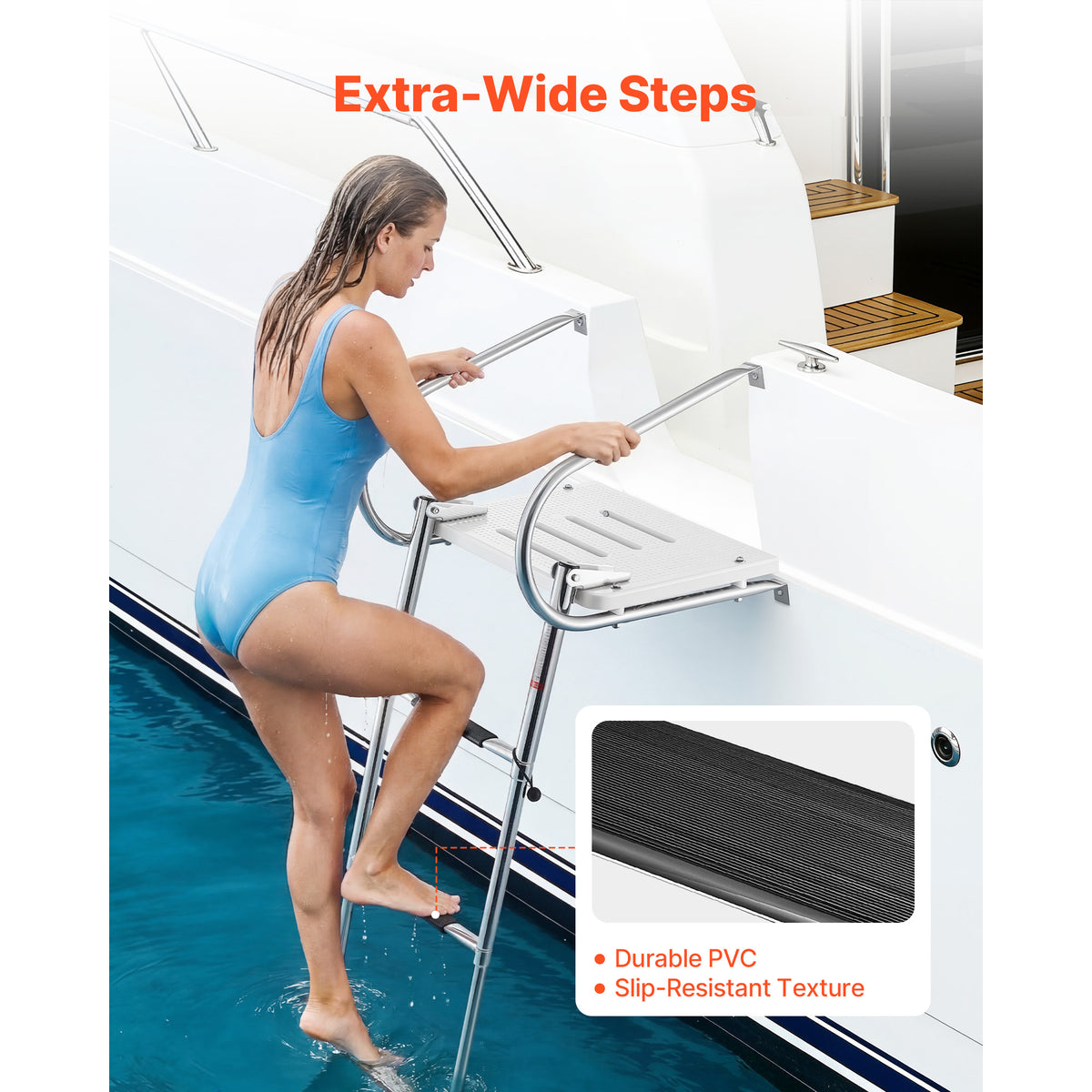 Boat Ladder, 3 Steps, Stainless Steel Telescoping Folding Swim Deck Ladder For Rear Entry Inboard, 400 Lbs Capacity With Wide Anti-Slip Steps & Handrails, For Outboards, Yacht, Pontoon Boats — product image 3