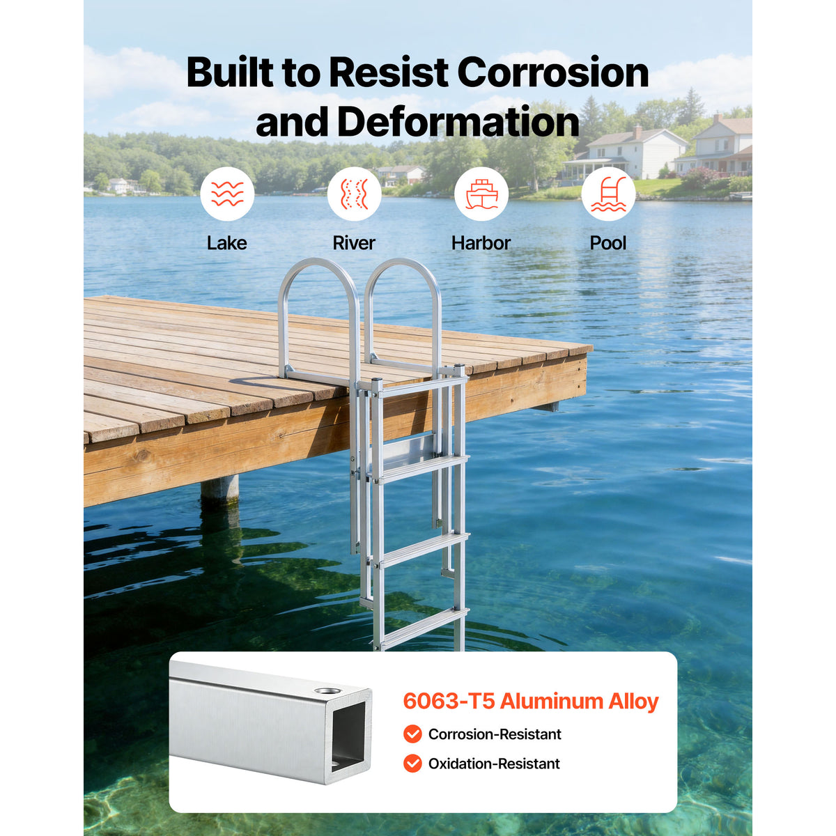 Retractable Dock Ladder, 5 Steps, Aluminum Alloy Pontoon Boat Swim Ladder With Auto-Lift Float, Non-Slip Wide Steps, 500 Lbs Weight Capacity, Adjustable Height, For Lake Pool Marine Boarding — product image 6