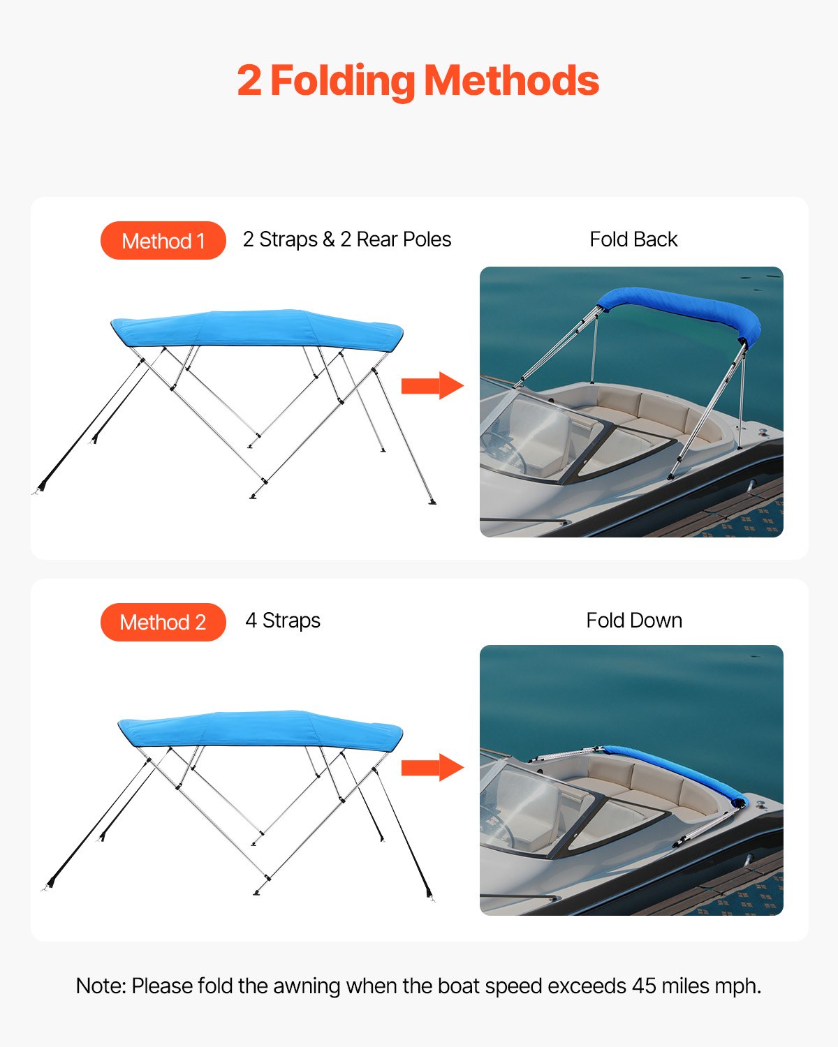 4 Bow Boat Bimini Tops, 600D Polyester Canopy With Aluminum Alloy Frame, Waterproof & Sun Shade Boat Awning Canopy With Storage Bag, 2 Support Poles, 4 Straps, 96"Lx(67"-72")Wx54"H, Pacific Blue — product image 4