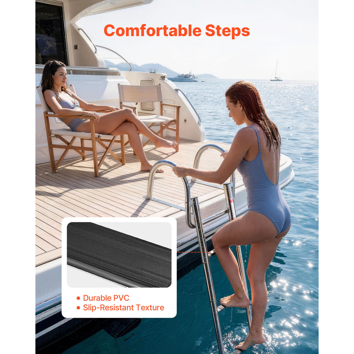 Boat Ladder, 4 Steps, Stainless Steel Telescoping Folding Swim Deck Ladder For Rear Entry Inboard, 600 Lbs Capacity With Wide Anti-Slip Steps & Handrails, For Outboards, Yacht, Pontoon Boats — product image 3