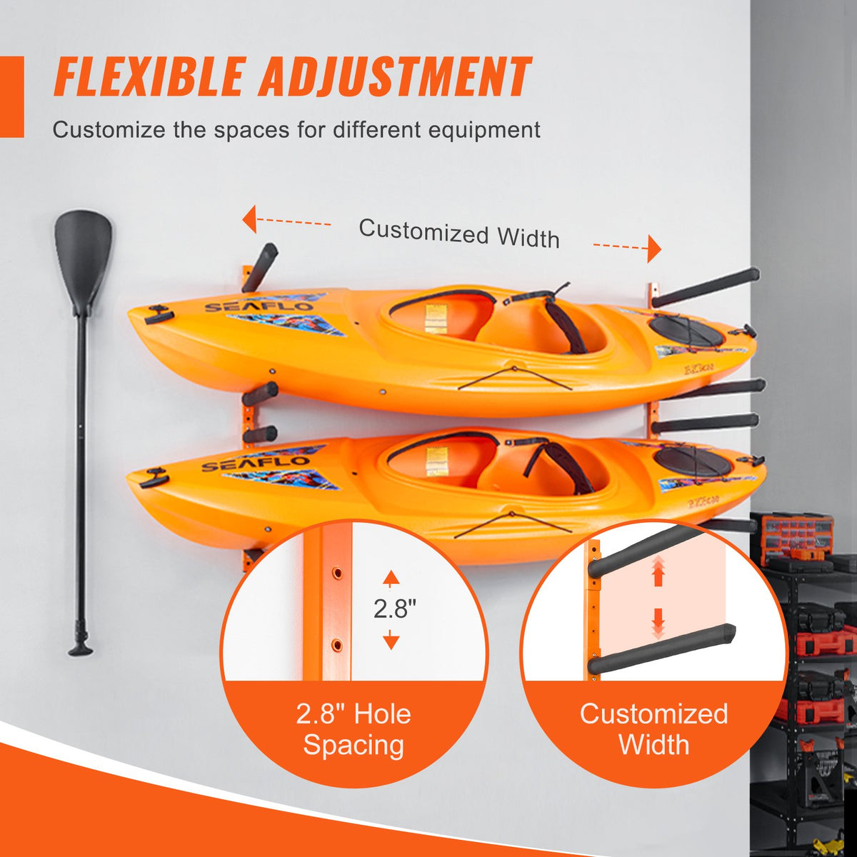 Wall Kayak Storage Rack, 4-Capacity Wall Mounted Kayak Holders For Kayak Canoe Paddle Board, Kayak Storage Hooks With Adjustable Padded Arms, 400 LBS Load Kayak Hanger For Indoor Outdoor Garage — product image 3