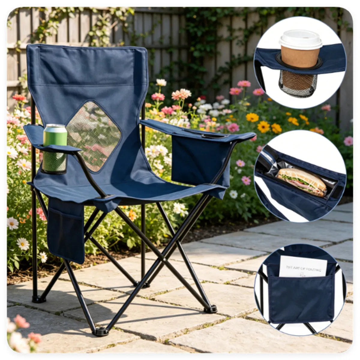 Folding Camping Chair, Heavy-Duty Metal Frame Portable Outdoor Chair with Cup Holder, Insulated Cooler Bag & Side Pocket for Camping Fishing Beach - Blue — product image 3