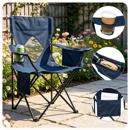 Folding Camping Chair, Heavy-Duty Metal Frame Portable Outdoor Chair with Cup Holder, Insulated Cooler Bag & Side Pocket for Camping Fishing Beach - Blue — product image 3