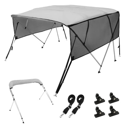 4 Bow Bimini Top Boat Cover, Detachable Mesh Sidewalls, 600D Polyester Canopy With 1" Aluminum Alloy Frame, Includes Storage Boot, 2 Straps, 2 Support Poles, 8'L X 54"H X 91"-96"W, Light Grey — product image 1