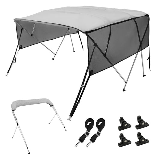 4 Bow Bimini Top Boat Cover, Detachable Mesh Sidewalls, 600D Polyester Canopy With 1" Aluminum Alloy Frame, Includes Storage Boot, 2 Straps, 2 Support Poles, 8'L X 54"H X 91"-96"W, Light Grey — product image 1