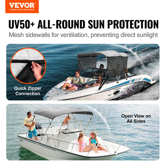 3 Bow Bimini Top Boat Cover, Detachable Mesh Sidewalls, 600D Polyester Canopy With 1" Aluminum Alloy Frame, Includes Storage Boot, 2 Support Poles, 2 Straps, 6'L X 46"H X 67"-72"W, Light Grey — product image 2
