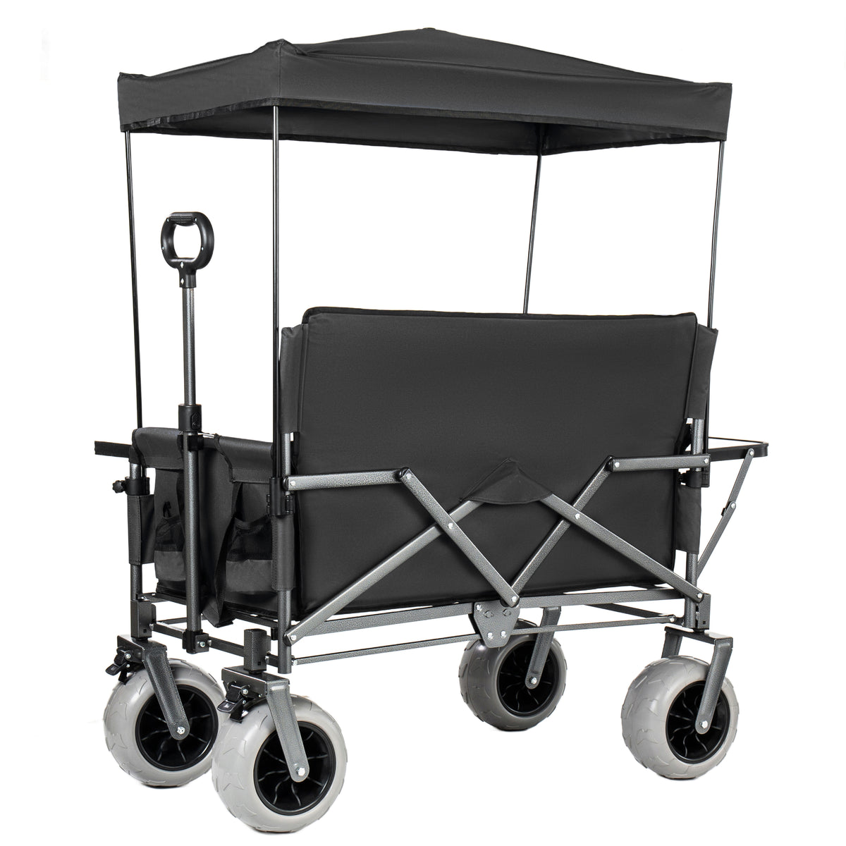 3- In- 1 Collapsible Wagon Converts To Bench Convertible Folding Wagon Cart With Canopy &Rear- Mounted Folding Tabletop 500lbs Heavy- Duty 180L Capacity For Camping Beach Garden Fishing- Black — product image 12