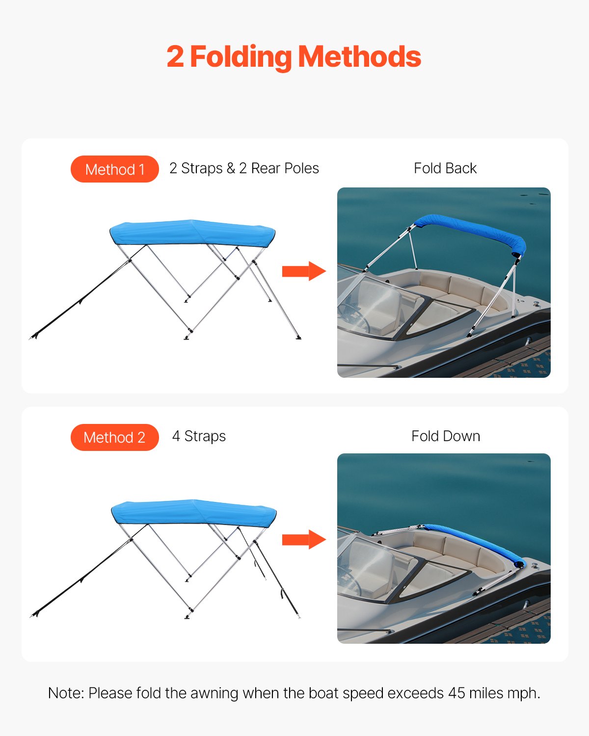 3 Bow Boat Bimini Tops, 600D Polyester Canopy With Aluminum Alloy Frame, Waterproof & Sun Shade Boat Awning Canopy With Storage Bag, 2 Support Poles, 4 Straps, 6'Lx(67"-72")Wx46"H, Pacific Blue — product image 4