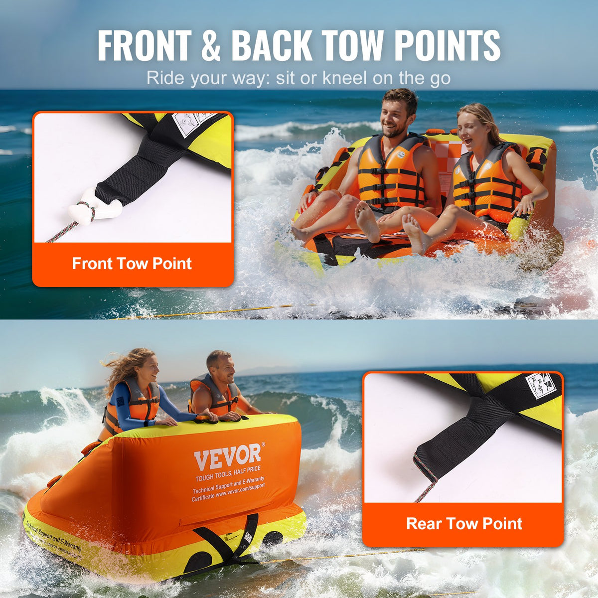 Towable Tube For Boating, 1-2 Riders Inflatable Towable Tubes With Deck Seats And Backrest, 340 Lbs Water Sport Tube For Boat To Pull, Full Nylon Cover, EVA Grab Handles And Speed Safety Valve — product image 5