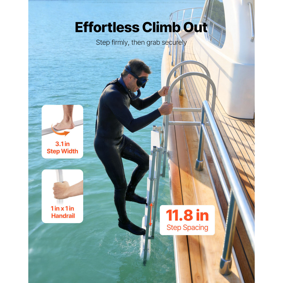 Retractable Dock Ladder, 5 Steps, Aluminum Alloy Pontoon Boat Swim Ladder With Auto-Lift Float, Non-Slip Wide Steps, 500 Lbs Weight Capacity, Adjustable Height, For Lake Pool Marine Boarding — product image 5