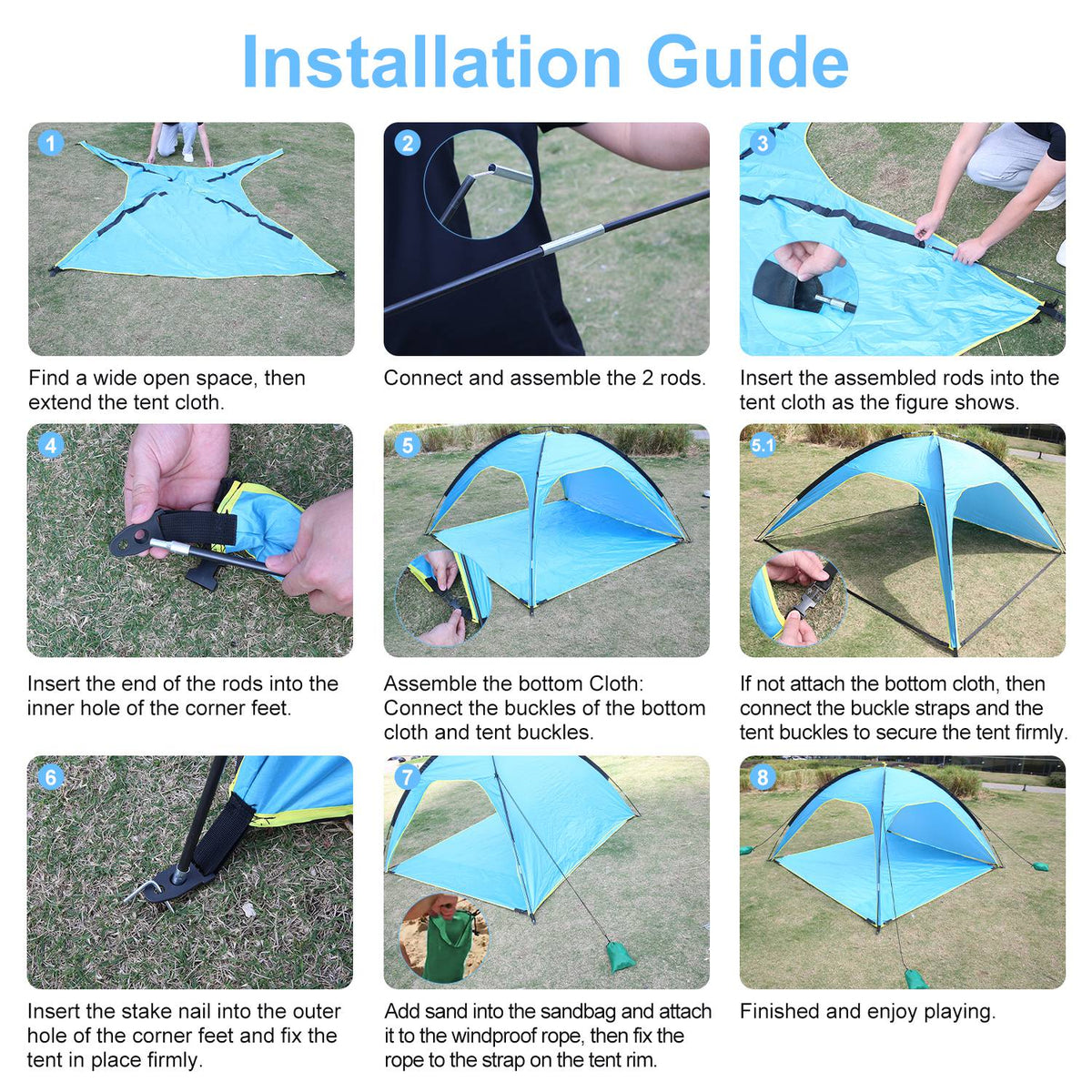 1Pc 4-6 Person Beach Tent Canopy With 3 Door Openings Carry Bag UPF50 Waterproof For Beach Picnic Camping Hiking Adventure Fishing — product image 7