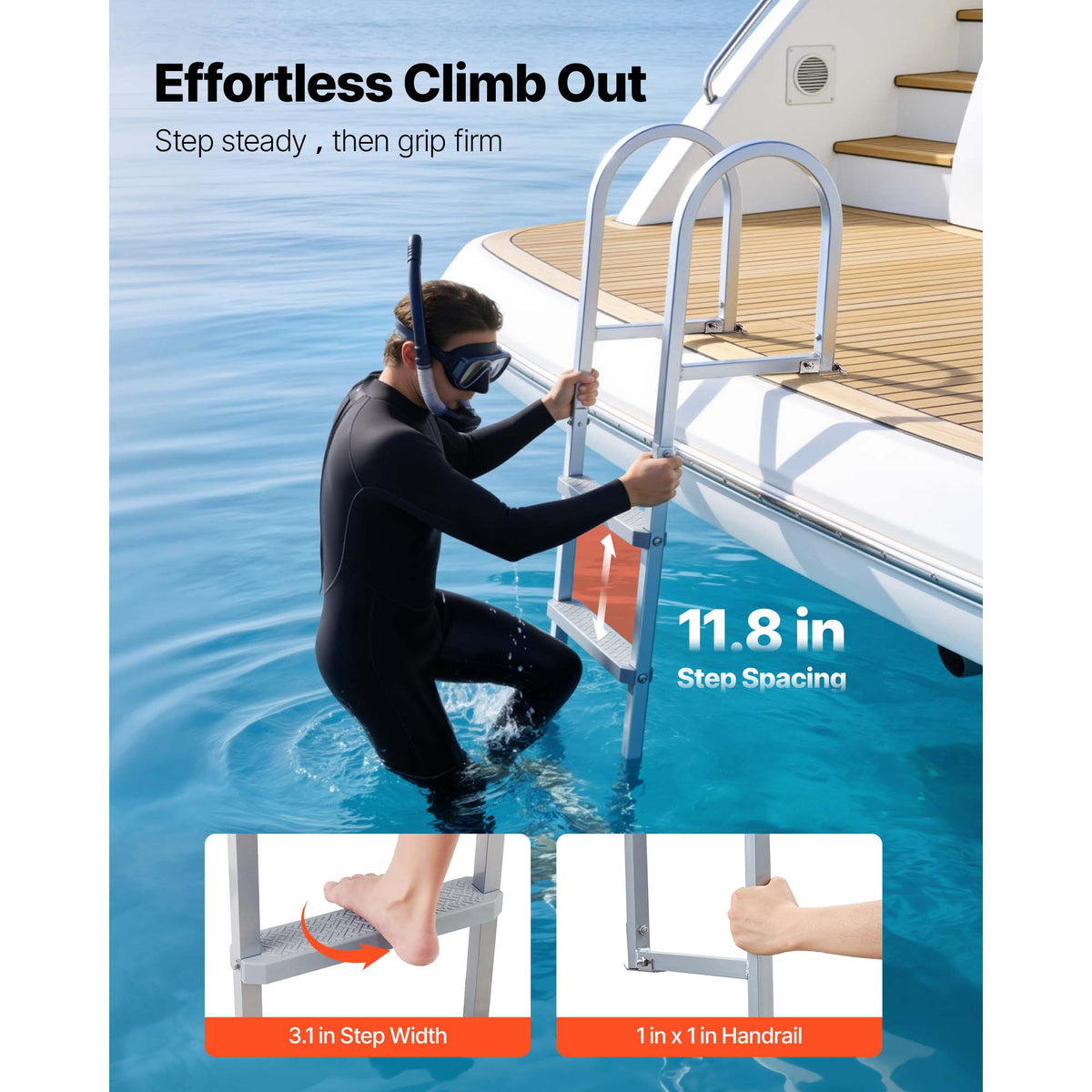 Removable Dock Ladder, 5 Steps, Aluminum Alloy Pontoon Boat Swim Ladder, With Non-Slip Wide PP Steps, 500 Lbs Weight Capacity, Quick Release Design, For Lake Swimming, Pool, Marine Boarding — product image 4