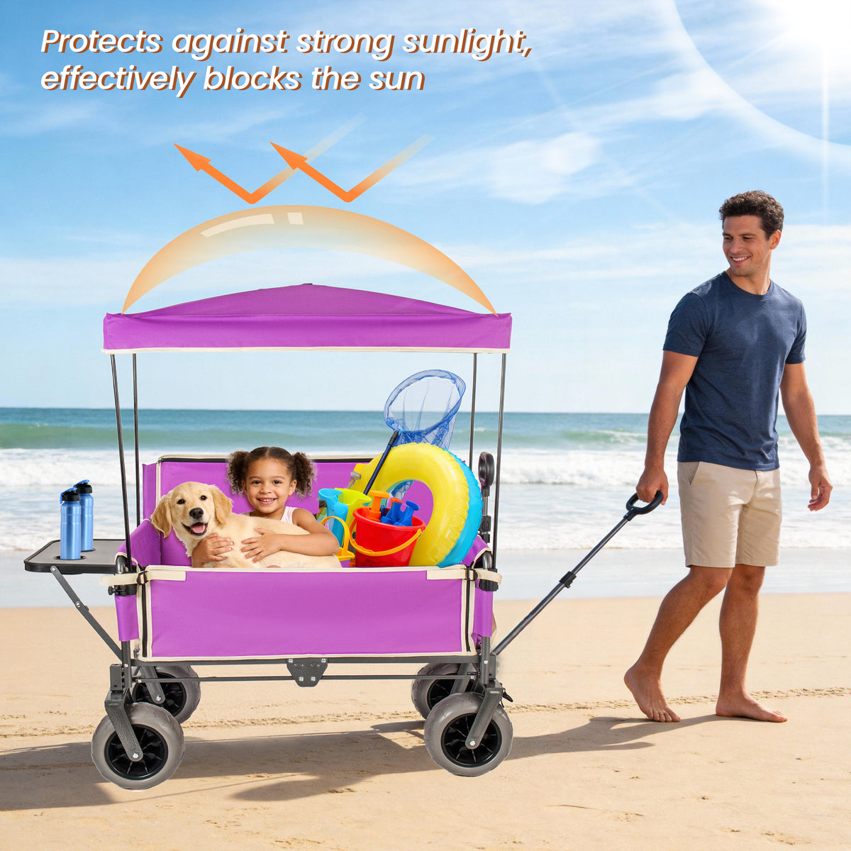 3- In- 1 Collapsible Wagon Converts To Bench Convertible Folding Wagon Cart With Canopy &Rear- Mounted Folding Tabletop 500lbs Heavy- Duty 180L Capacity For Camping Beach Garden Fishing- Purple — product image 2