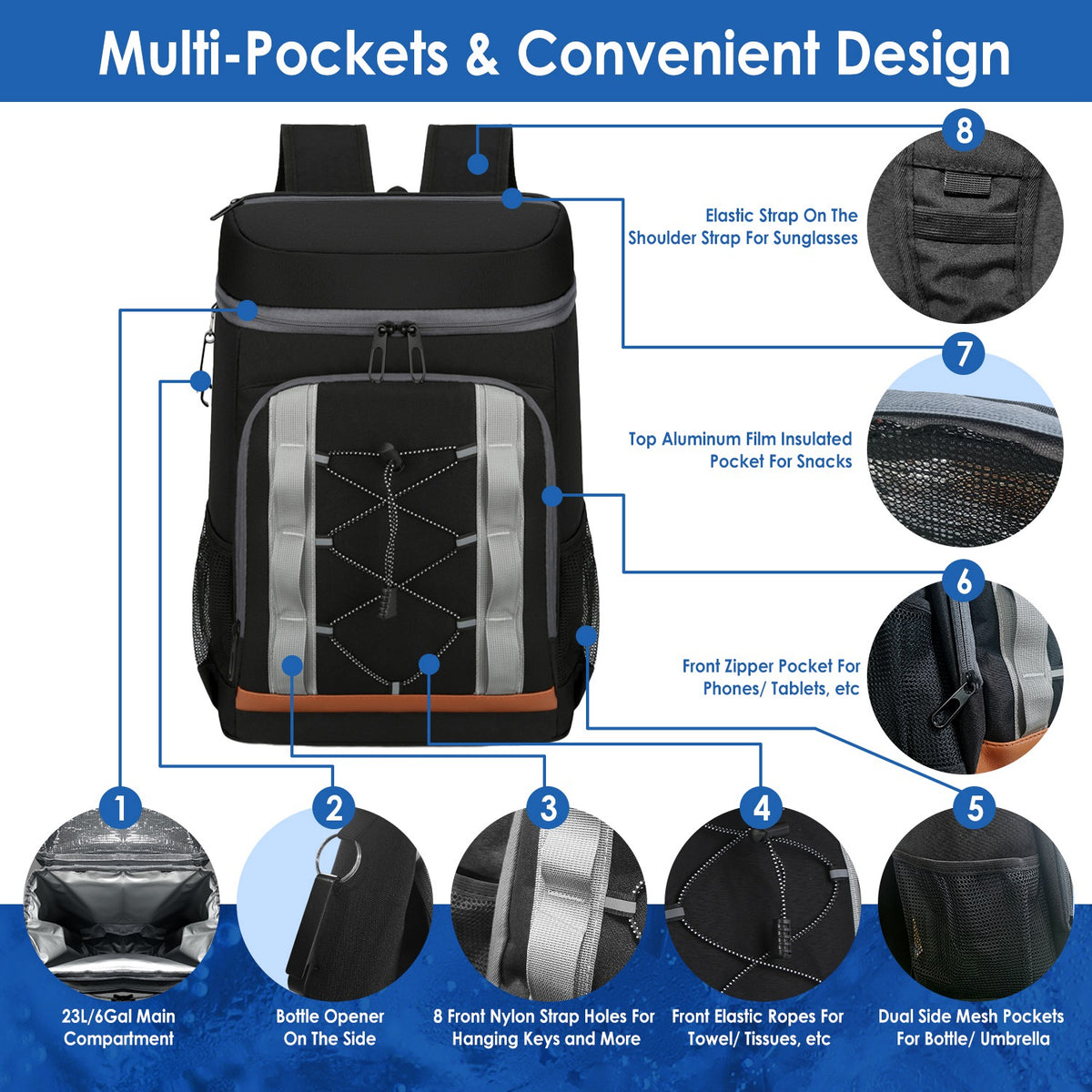 Grey-Black Options 1Pc Cooler Backpack 36 Can Leakproof Insulated Cooler Backpack With 25L 6.6Gal For Picnic Camping Beach Hiking Fishing Travel — product image 12