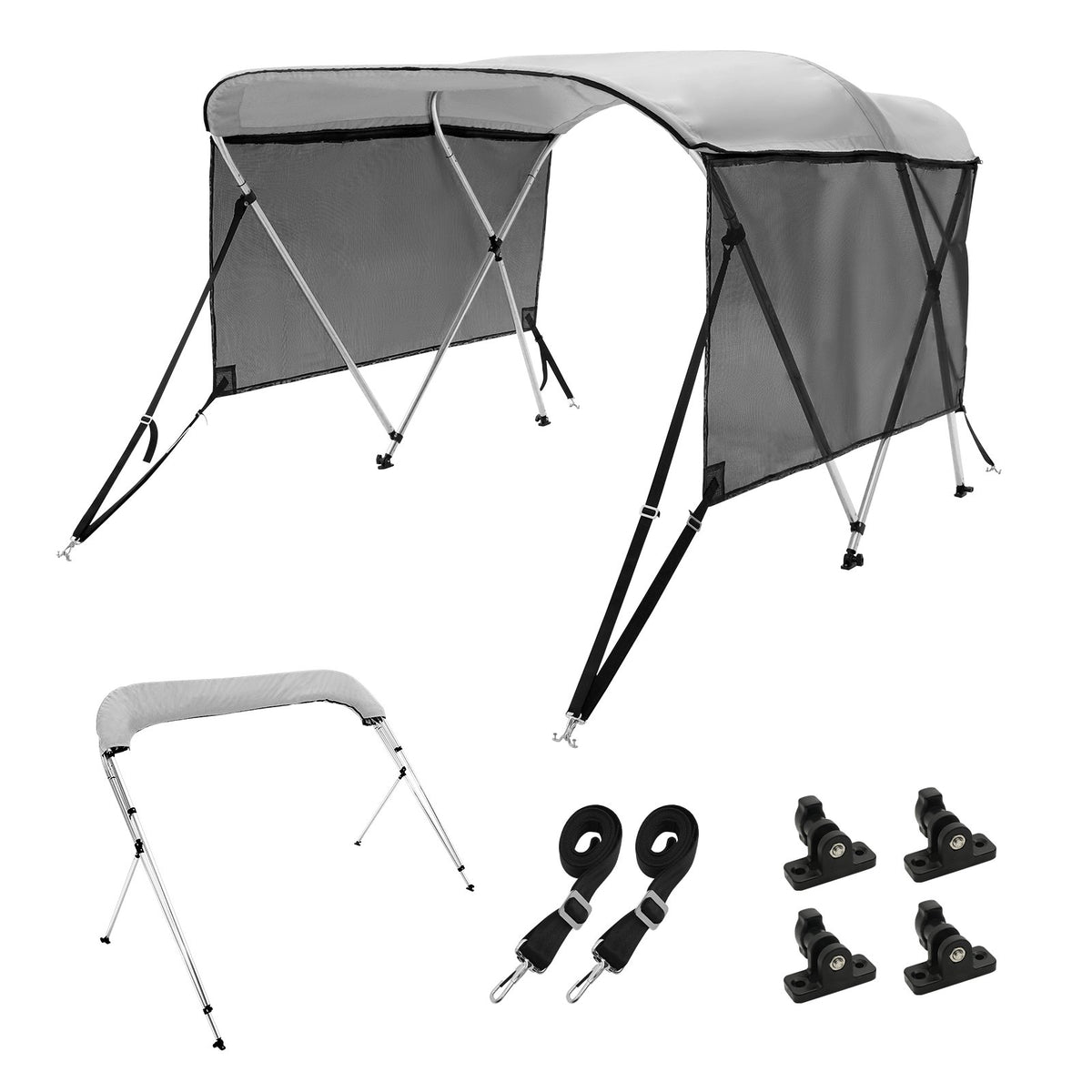 3 Bow Bimini Top Boat Cover, Detachable Mesh Sidewalls, 600D Polyester Canopy With 1" Aluminum Alloy Frame, Includes Storage Boot, 2 Support Poles, 2 Straps, 6'L X 46"H X 61"-66"W, Light Grey — product image 1