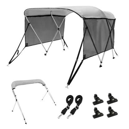 3 Bow Bimini Top Boat Cover, Detachable Mesh Sidewalls, 600D Polyester Canopy With 1" Aluminum Alloy Frame, Includes Storage Boot, 2 Support Poles, 2 Straps, 6'L X 46"H X 61"-66"W, Light Grey — product image 1