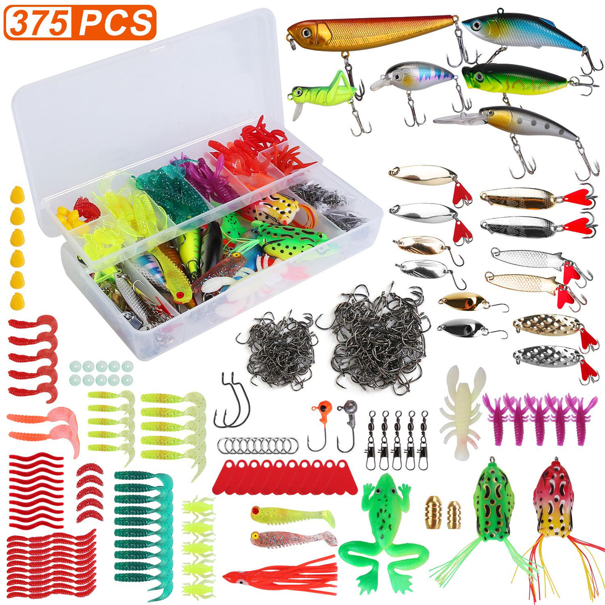 375Pcs Fishing Baits And Tackle Box Saltwater Freshwater Fishing Lures Kit Lifelike Popper Crankbaits Crickets Frogs Spoon Lures Maggots — product image 1