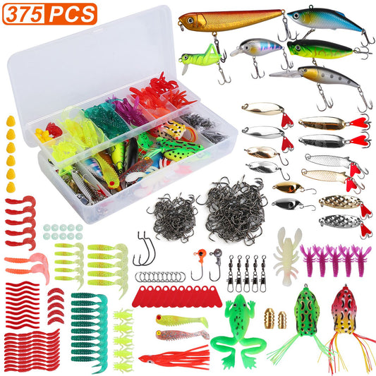 375Pcs Fishing Baits And Tackle Box Saltwater Freshwater Fishing Lures Kit Lifelike Popper Crankbaits Crickets Frogs Spoon Lures Maggots — product image 1