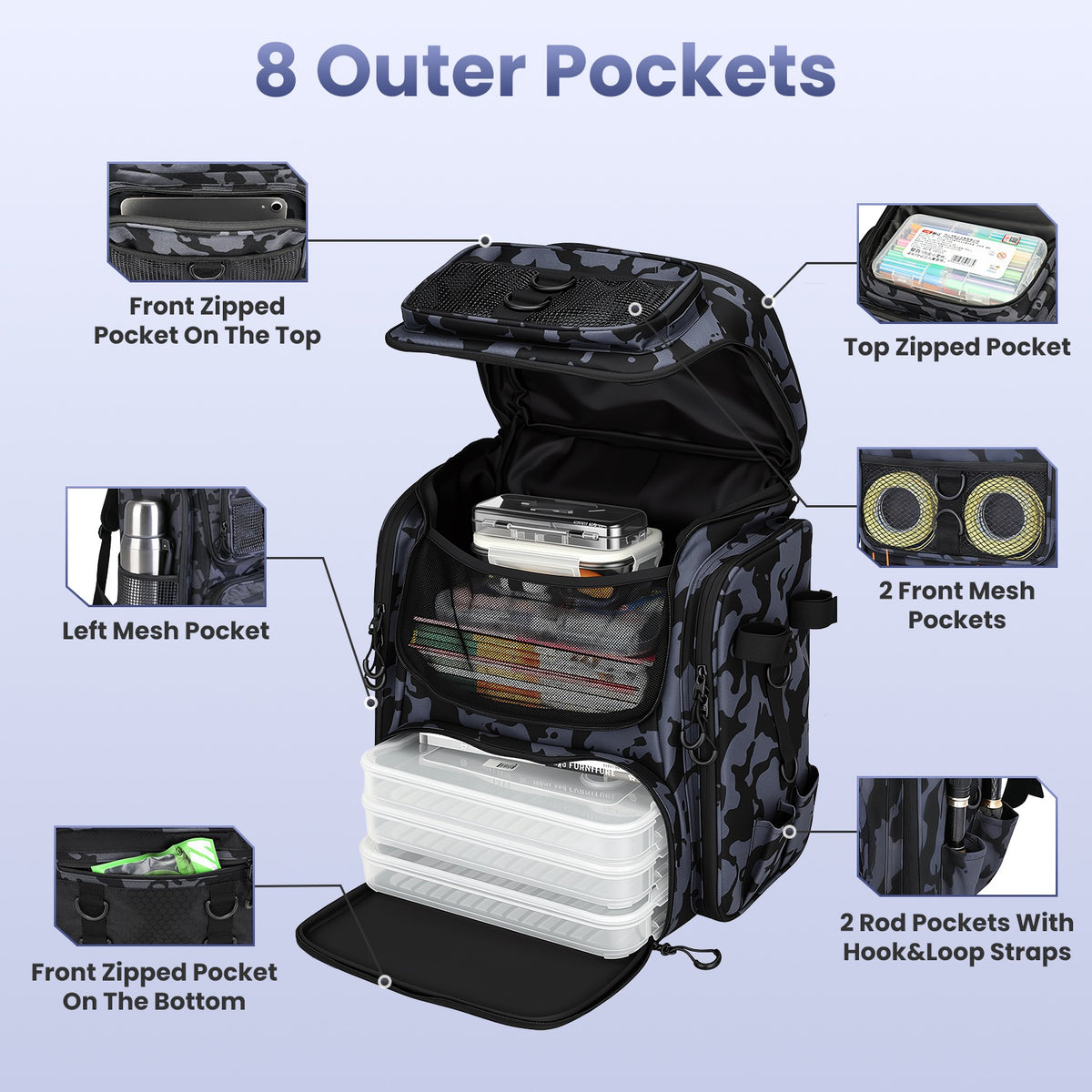 42L 11Gal Fishing Backpack Large Capacity Fishing Tackle Storage Bag With Rod Holders 16 Pocket Water-Resistant With Divider Adjustable Padded Straps For Fishing Gear Outdoor Camping Hiking — product image 9