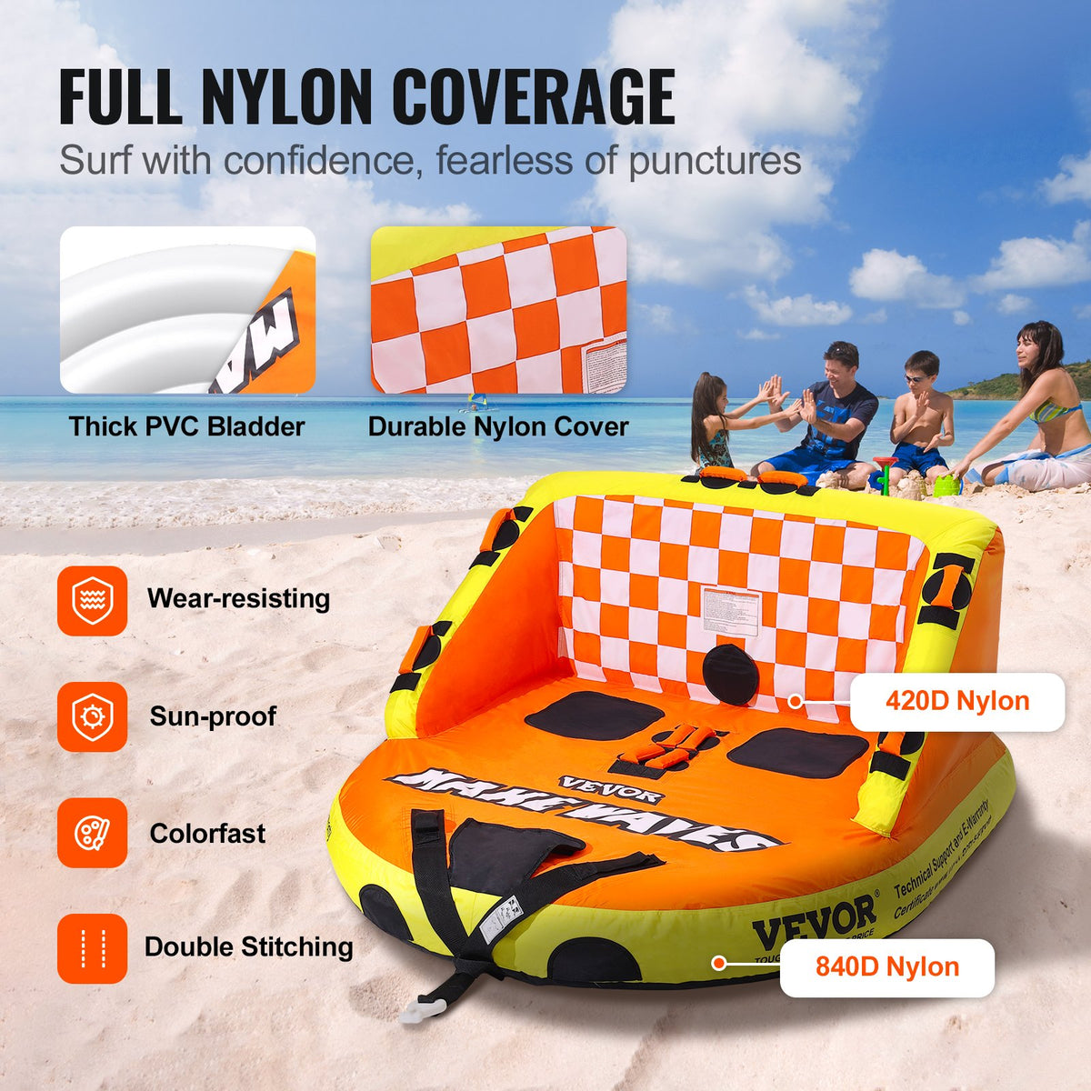 Towable Tube For Boating, 1-2 Riders Inflatable Towable Tubes With Deck Seats And Backrest, 340 Lbs Water Sport Tube For Boat To Pull, Full Nylon Cover, EVA Grab Handles And Speed Safety Valve — product image 3
