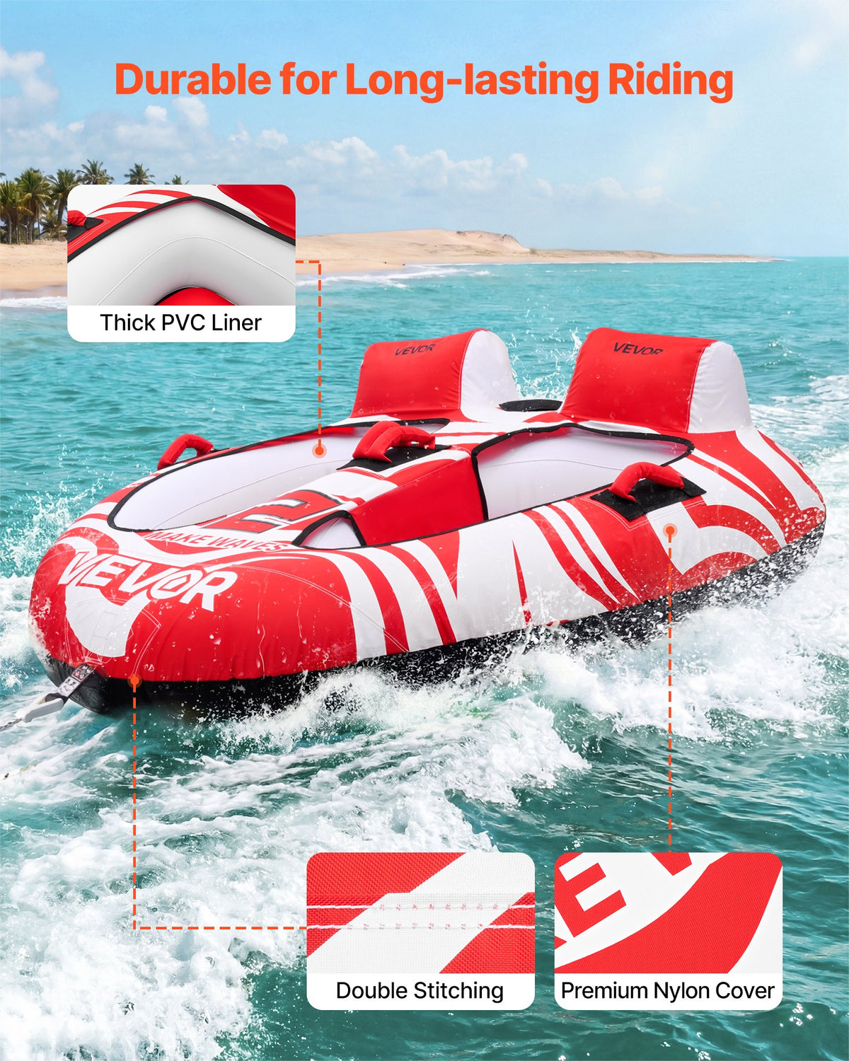 Towable Tubes For Boating, 2-Rider Inflatable Boat Tubes And Towables, 340 Lbs Capacity Water Sport Tubes For Boat To Pull - With 2 Cockpits, Full Nylon Cover, Padded Grab Handles & Safety Valve — product image 3