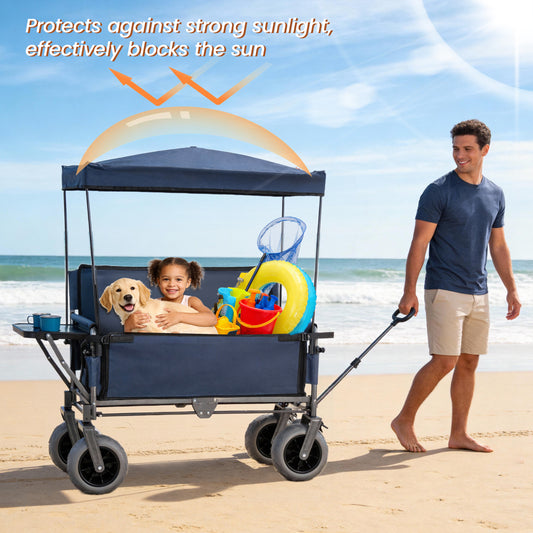 3-in-1 Collapsible Wagon Converts To Bench Convertible Folding Wagon Cart With Canopy &Rear-Mounted Folding Tabletop 500lbs Heavy-Duty 180L Capacity For Camping Beach Garden Fishing Dark Blue — product image 2
