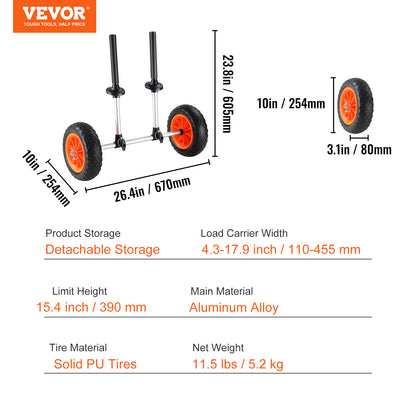 VEVOR Heavy Duty Kayak Cart, 280lbs Load Capacity, Detachable Canoe Trolley Cart With 10'' Solid Tires, Adjustable Width & Top Foam Protection, For Kayaks With Drain Holes Of 2.54cm And Above — product image 8