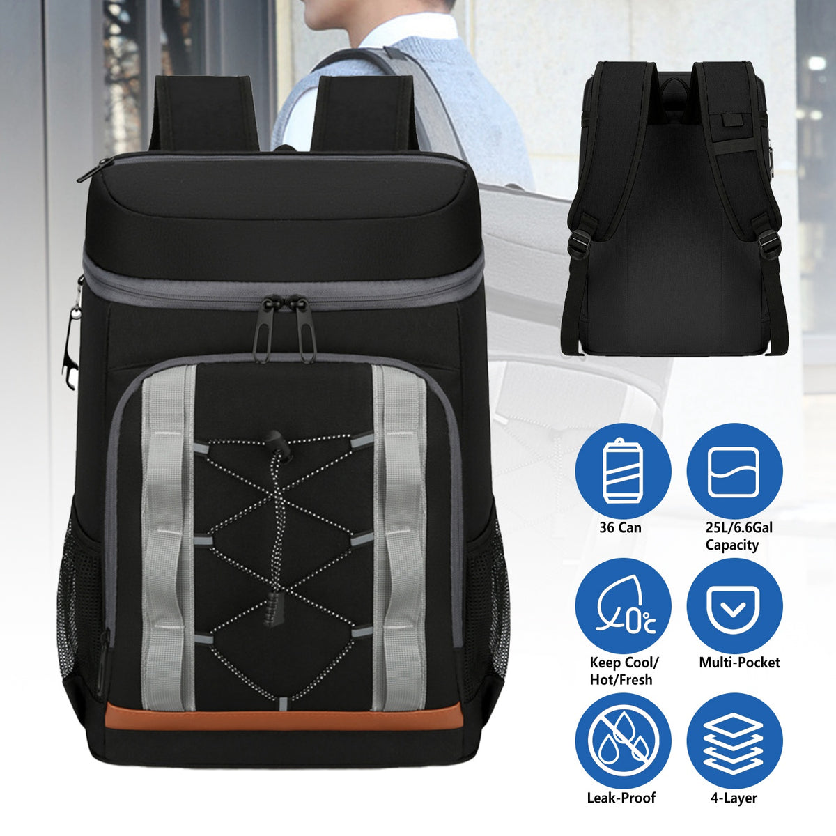 Grey-Black Options 1Pc Cooler Backpack 36 Can Leakproof Insulated Cooler Backpack With 25L 6.6Gal For Picnic Camping Beach Hiking Fishing Travel — product image 3
