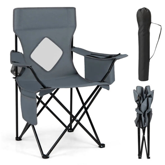Folding Camping Chair, Heavy-Duty Metal Frame Portable Outdoor Chair with Cup Holder, Insulated Cooler Bag & Side Pocket for Camping Fishing Beach - Gray — product image 2