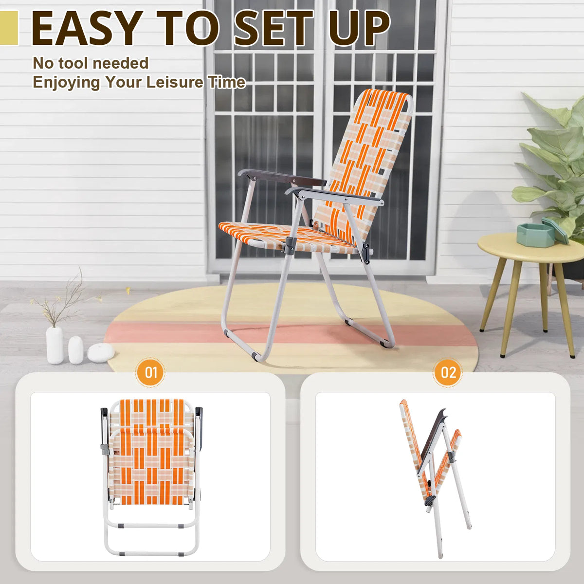 Set of 2 Webbed Folding Beach Chairs, Outdoor Patio Lawn Foldable Chairs for Camping Fishing Yard Poolside BBQ, Orange & White — product image 6