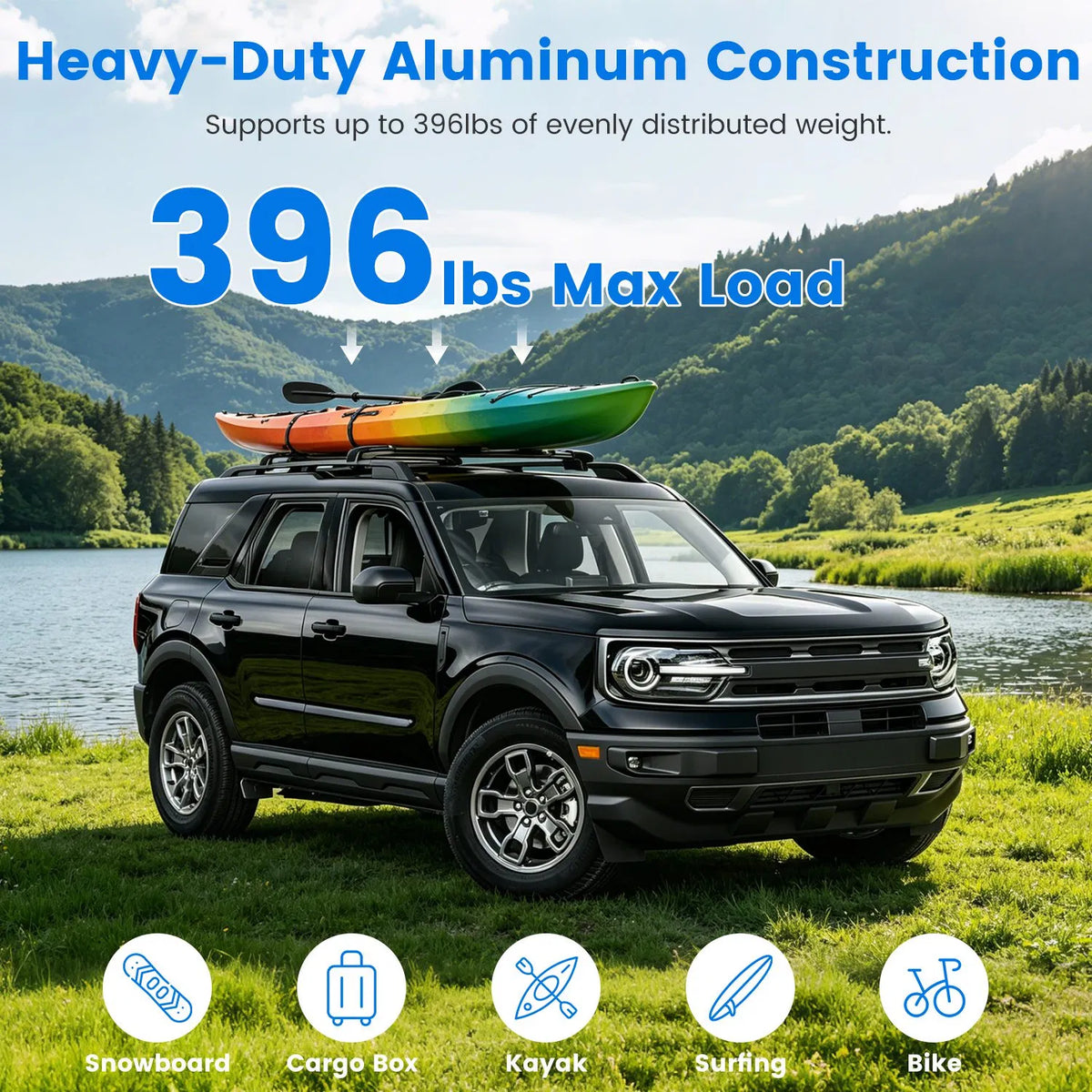 Roof Rack Cross Bars Fit for Ford Bronco Sport 2021-2026 On-Road Off-Road Aluminum Lockable Car Roof Crossbar Set for Factory Raised Side Rails 396LBS Capacity for Luggage Kayak Bike — product image 8