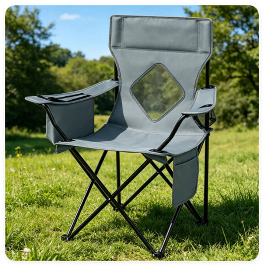 Folding Camping Chair, Heavy-Duty Metal Frame Portable Outdoor Chair with Cup Holder, Insulated Cooler Bag & Side Pocket for Camping Fishing Beach - Gray — product image 1