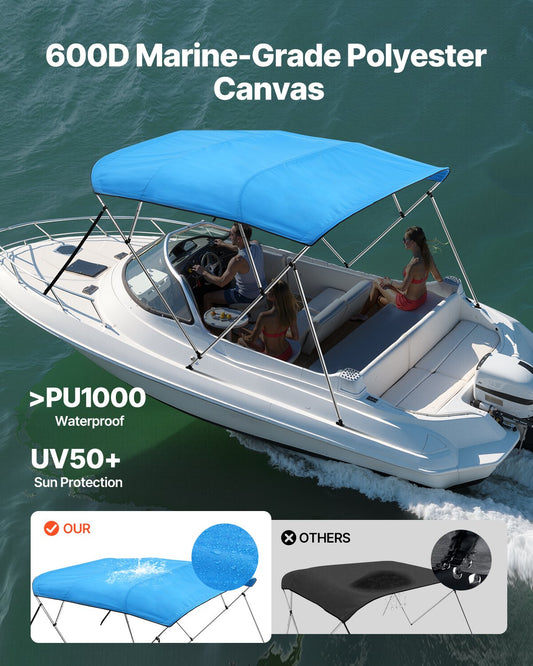 4 Bow Boat Bimini Tops, 600D Polyester Canopy With Aluminum Alloy Frame, Waterproof & Sun Shade Boat Awning Canopy With Storage Bag, 2 Support Poles, 4 Straps, 8'Lx(91"-96")Wx54"H, Pacific Blue — product image 2