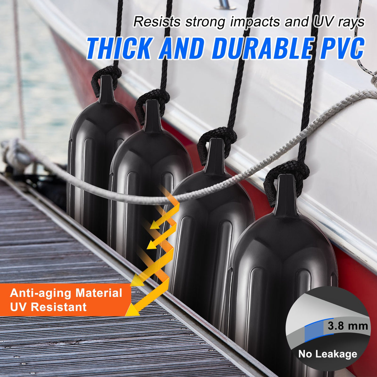 Boat Fenders, 6.5" X 23" Boat Bumpers For Docking, Inflatable Ribbed Fender With Center Holes, Marine Boat Dock Fender Bumper With Air Pump, 4 Needles And 4 Ropes And Storage Bag, Black — product image 3