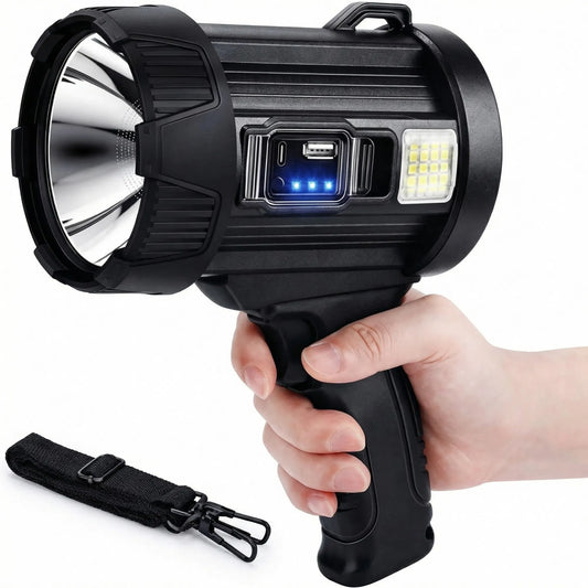 Rechargeable Spotlight, Super Bright Spotlight Flashlight, Long Running Spot Light Searchlight, Outdoor Handheld LED Flashlight High Lumens with Solar Panels for Hunting Camping Boat — product image 1