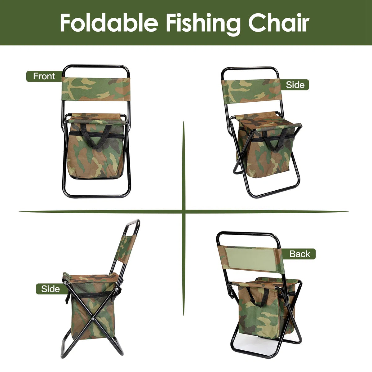 Foldable Fishing Chair With Backrest Built-In Cooler Bag Portable Handle Outdoor Lightweight Fishing Stool For Camping Hiking Hunting — product image 2