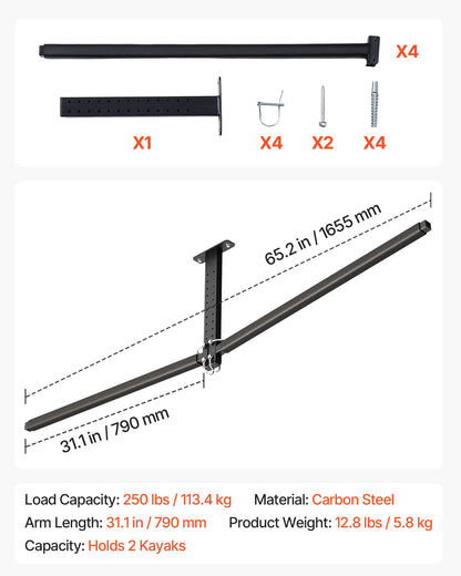 Kayak Storage Rack For 2 Kayaks, Holds Up To 250 Lbs, Heavy Duty Adjustable Ceiling Rack For Garage Ceiling Mount, Overhead Garage Storage Hanger For Canoe, Ladder, SUP, Surfboard & Paddleboard — product image 1