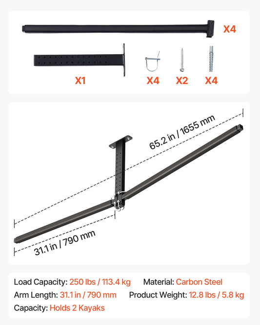 Kayak Storage Rack For 2 Kayaks, Holds Up To 250 Lbs, Heavy Duty Adjustable Ceiling Rack For Garage Ceiling Mount, Overhead Garage Storage Hanger For Canoe, Ladder, SUP, Surfboard & Paddleboard — product image 1