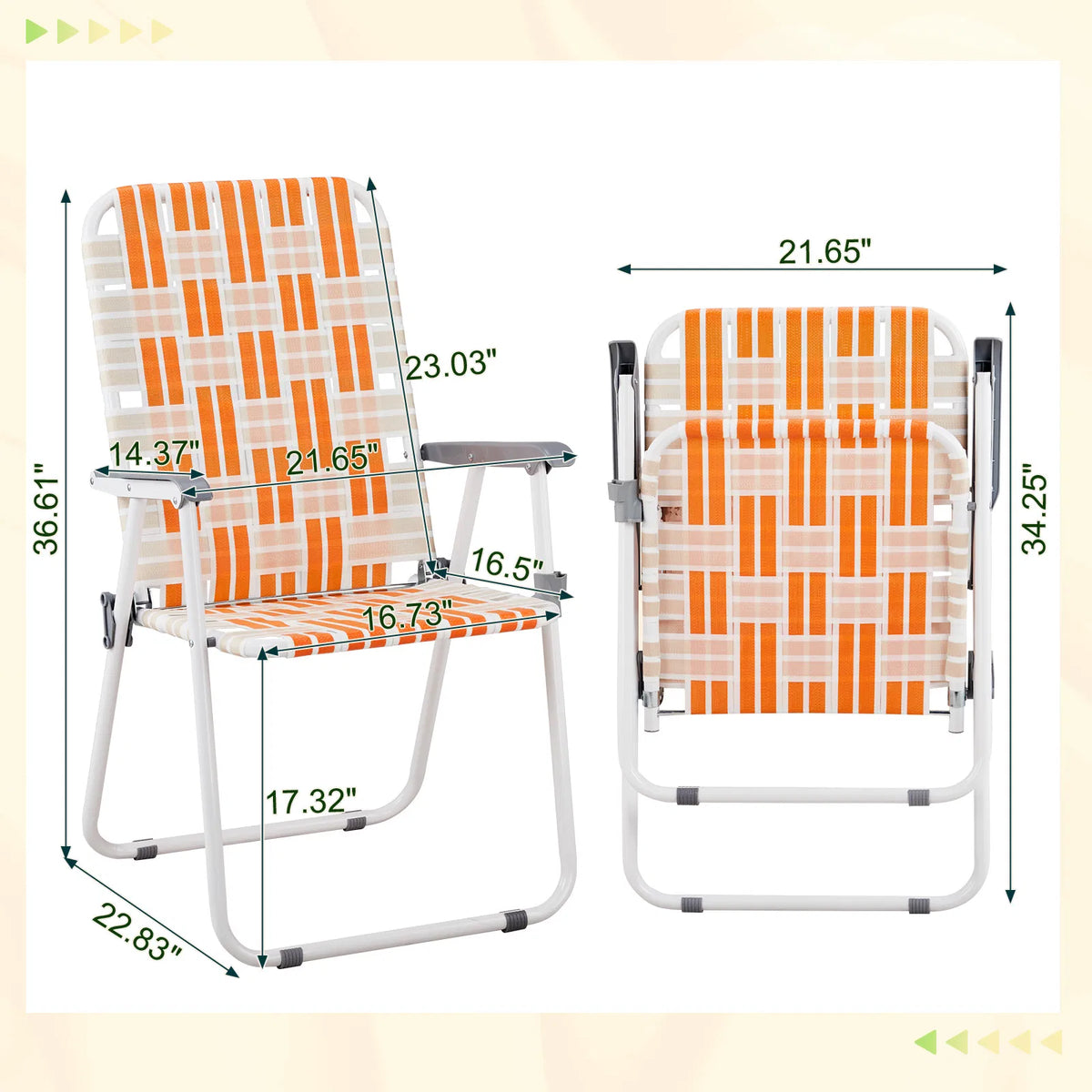 Set of 2 Webbed Folding Beach Chairs, Outdoor Patio Lawn Foldable Chairs for Camping Fishing Yard Poolside BBQ, Orange & White — product image 13