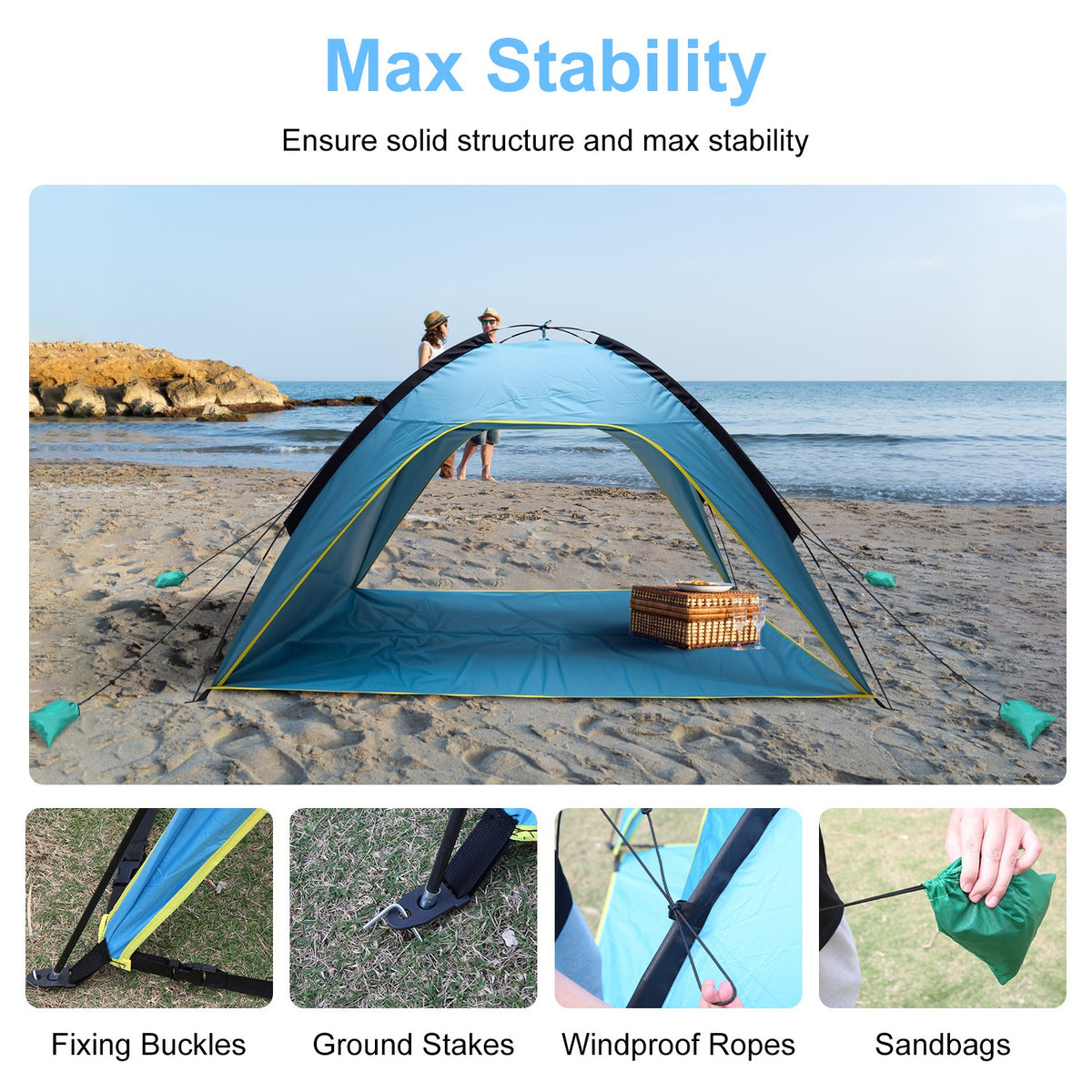 1Pc 4-6 Person Beach Tent Canopy With 3 Door Openings Carry Bag UPF50 Waterproof For Beach Picnic Camping Hiking Adventure Fishing — product image 10
