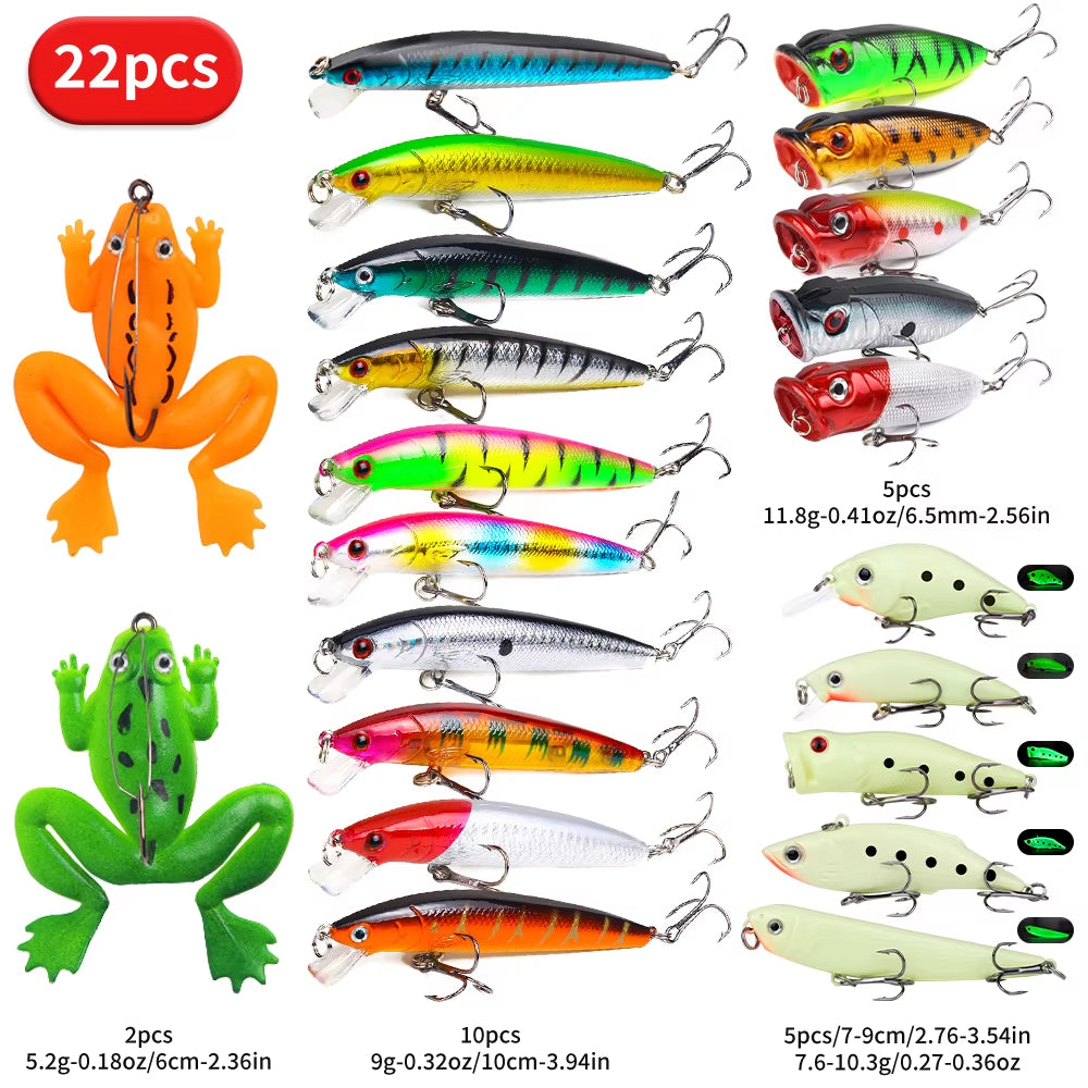 22pcs 1set Hard Lure Bait Soft Frog Popper Minnow Pencil VIB Luminous Lure Kit Durable Hooks Realistic Action Ideal — product image 6