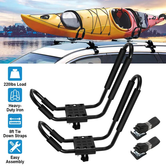 1 Pair Universal J-Bar Kayak Carrier 220LBS Load Heavy Duty Canoe Car Top Mount Carrier Roof Rack With 2Pcs Tie Down Straps — product image 1